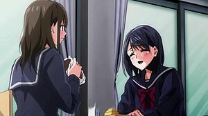 A mature woman dominates a young schoolgirl in a public restroom